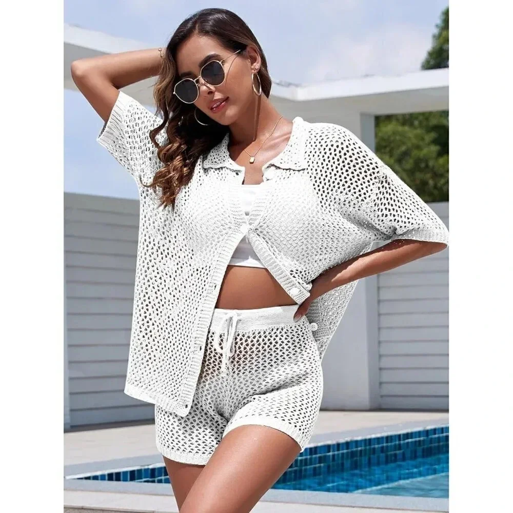 2 Piece Shorts Set for Women Sexy Hollow Out Swimsuit Cover Up Button Down Shirt - Picture 3 of 6